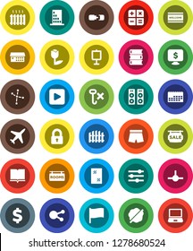 White Solid Icon Set- window cleaning vector, splotch, welcome mat, book, presentation, flag, constellation, monitor dollar, sign, shorts, plane, calendar, no hook, tulip, social media, play button