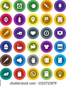White Solid Icon Set- window cleaning vector, rubber glove, water closet, measuring cup, cook timer, cereal, pen, compass, dollar flag, muscule hand, t shirt, heart monitor, bottle, fitness mat, pin
