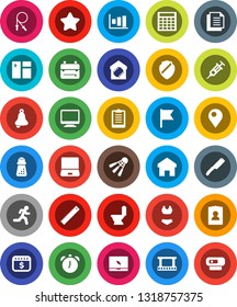 White Solid Icon Set- window cleaning vector, toilet, knife, hand mill, ruler, backpack, bell, alarm clock, flag, graph, calculator, personal information, dollar calendar, clipboard, jump rope, run