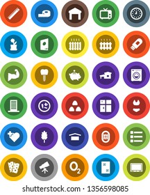 White Solid Icon Set- window cleaning vector, shining, cereal, ruler, telescope, piggy bank, clock, measuring, muscule hand, swimsuite, breads, heart cross, oxygen, stadium, dry cargo, warehouse, tv