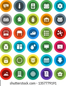 White Solid Icon Set- window cleaning vector, bbq, backpack, certificate, arrow down, presentation board, dollar flag, tie, calendar, measuring, target, molecule, cereals, hoop, warehouse, speaker
