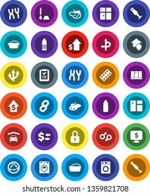 White Solid Icon Set- window cleaning vector, toilet brush, washer, foam basin, shining, blender, exchange, dollar growth, monitor, water bottle, route, internet, gender sign, pills blister, chain