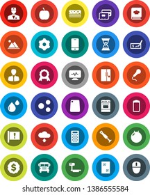 White Solid Icon Set- window cleaning vector, cutting board, grater, oven, cookbook, medal, school bus, manager, check, sand clock, dollar, diet, fitball, breads, attention, big scales, mobile phone