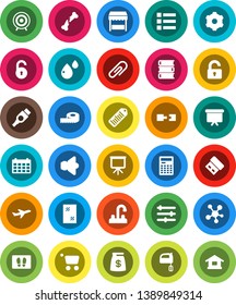 White Solid Icon Set- window cleaning vector, welcome mat, water tap, mixer, book, calculator, presentation, board, calendar, measuring, target, plane, barcode, speaker, social media, hdmi, gear