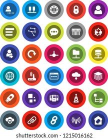 White Solid Icon Set- world vector, antenna, internet, connect, network, server, disconnection, folder, cloud exchange, big data, browser, menu, hub, usb modem, router, message, redo, download, lock