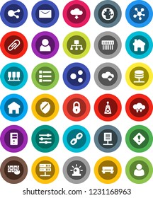 White Solid Icon Set- world vector, antenna, social media, server, network, cloud shield, exchange, equalizer, menu, firewall, hub, share, home, bench, download, mail, chain, hierarchy, document