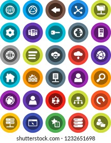 White Solid Icon Set- world vector, internet, connection, network, disconnection, folder, server, cloud exchange, big data, browser, gear, menu, firewall, home, favorites, arrow, redo, upload, user