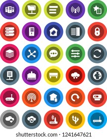 White Solid Icon Set- world vector, antenna, network, folder, cloud shield, exchange, big data, server, equalizer, menu, hub, router, lan connector, favorites, message, bench, refresh, redo, lock