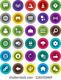 White Solid Icon Set- world vector, antenna, internet, notebook network, cloud shield, gear, menu, hub, router, lan connector, home, favorites, message, bench, arrow, download, loading, chain, globe