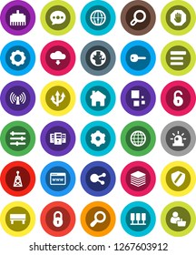 White Solid Icon Set- world vector, antenna, internet, social media, server, big data, browser, gear, equalizer, menu, shield, lan connector, home, message, bench, cloud download, loading, globe