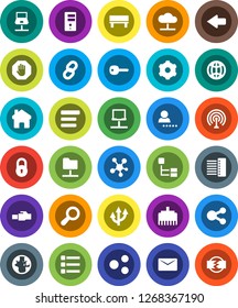 White Solid Icon Set- world vector, antenna, social media, notebook network, folder, cloud, server, gear, menu, hub, lan connector, share, home, bench, arrow, mail, chain, globe, hierarchy, route