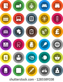 White Solid Icon Set- world vector, cash, receipt, pound, bike, jump rope, shorts, fitness mat, traffic light, clipboard, battery, forward button, thermometer, insemination, pills bottle, sperm