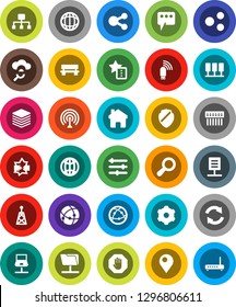 White Solid Icon Set- world vector, antenna, internet, connection, server, notebook network, disconnection, folder, cloud glass, big data, gear, equalizer, shield, hub, usb modem, share, home, bench