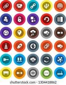 White Solid Icon Set- world vector, antenna, social media, connection, server, cloud glass, shield, exchange, lock, hub, usb modem, bench, refresh, undo, loading, chain, route arrow, attachment, key
