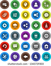 White Solid Icon Set- world vector, antenna, social media, connection, network, notebook, cloud, gear, equalizer, firewall, hub, lan connector, share, favorites, message, arrow, undo, mail, document