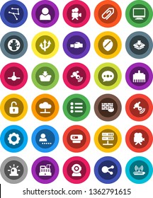 White Solid Icon Set- world vector, satellitie, video camera, social media, connect, network, server, cloud, gear, shield, firewall, lan connector, message, route arrow, attachment, user, login, web