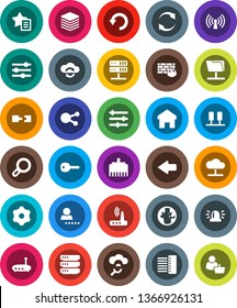 White Solid Icon Set- world vector, social media, server, network folder, cloud, glass, exchange, big data, gear, equalizer, firewall, hub, router, lan connector, home, favorites, arrow, refresh