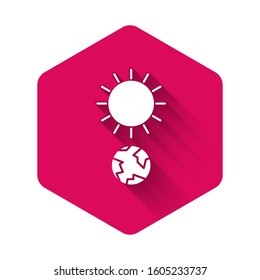 White Solstice icon isolated with long shadow. Pink hexagon button. Vector Illustration