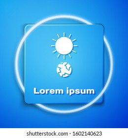 White Solstice icon isolated on blue background. Blue square button. Vector Illustration