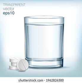 White solvable tablet in the glass with blue water and a few pills next to the glass.  Vitamin pill soluble in water.  Transparent vector