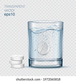 White solvable tablet in the glass with blue water and a few pills next to the glass.  Vitamin pill soluble in fizzy water with bubbles.  Transparent vector