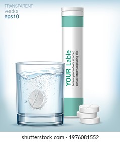 White Solvable Tablet In The Glass With Blue Water, Plastic Box And A Few Pills Next To The Glass.  Vitamin Pill Soluble In Water.  Transparent Vector