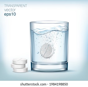 White solvable tablet in the glass with blue water and a few pills next to the glass.  Vitamin pill soluble in fizzy water with bubbles.  Transparent vector