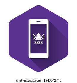 White SOS call icon isolated with long shadow. 911, emergency, help, warning, alarm. Purple hexagon button. Vector Illustration