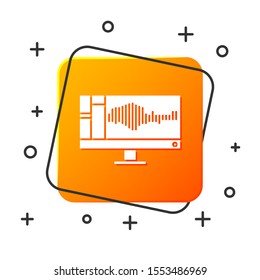 White Sound or audio recorder or editor software on computer monitor icon isolated on white background. Orange square button. Vector Illustration