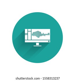 White Sound or audio recorder or editor software on computer monitor icon isolated with long shadow. Green circle button. Vector Illustration