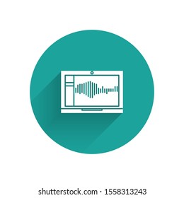 White Sound or audio recorder or editor software on laptop icon isolated with long shadow. Green circle button. Vector Illustration