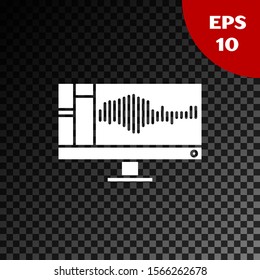 White Sound or audio recorder or editor software on computer monitor icon isolated on transparent dark background.  Vector Illustration