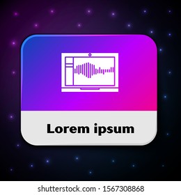 White Sound or audio recorder or editor software on laptop icon isolated on black background. Rectangle color button. Vector Illustration