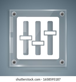 White Sound mixer controller icon isolated on grey background. Dj equipment slider buttons. Mixing console. Square glass panels. Vector Illustration