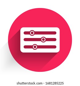 White Sound mixer controller icon isolated with long shadow. Dj equipment slider buttons. Mixing console. Red circle button. Vector Illustration