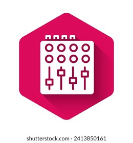 White Sound mixer controller icon isolated with long shadow. Dj equipment slider buttons. Mixing console. Pink hexagon button. Vector