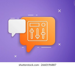 Ícone branco do controlador da mesa de mistura de som isolado em fundo roxo. Botões deslizantes do equipamento Dj. Console de mistura. Símbolo laranja de balão de fala. Vetor