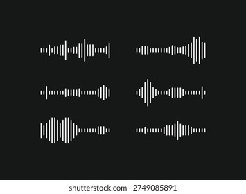White sound wave audio spectrum set for music player, podcast, and voice recording app interface on dark background