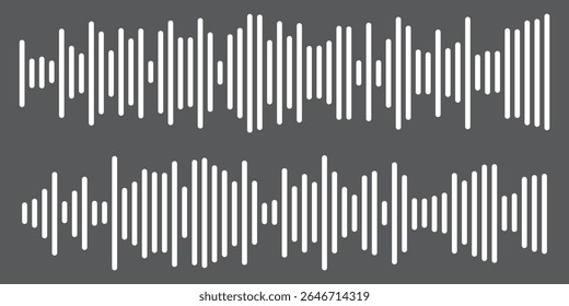 Vetor de ícone de onda de som branco no plano de fundo preto. Linha de voz da onda sonora do podcast. Ícone de player de música de gravação. Faixa de conversação móvel. Ondas de som para mensagem de voz. Ícone de onda de áudio.Ondas do equalizador. 
