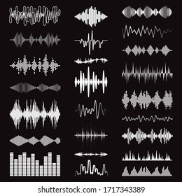 White sound waves logo collection on black background. Modern music equalizer elements set. Digital flat isolated audio symbols. Vector waveform technology