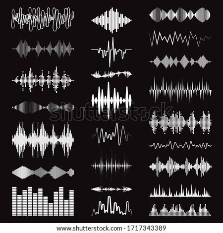 White sound waves logo collection on black background. Modern music equalizer elements set. Digital flat isolated audio symbols. Vector waveform technology