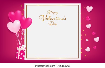 white space board with gold border and happy valentine's day text ,golden heart glitter drop beside board ,balloons tie to gift box,  artwork usage in advertising decorative or cerebrate invitation.