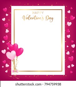 white space board with gold border and happy valentine's day text ,golden heart glitter drop beside board ,balloons tie to gift box,  artwork usage in advertising decorative or cerebrate invitation.