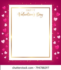 white space board with gold border and happy valentine's day text ,golden heart glitter drop beside board ,artwork usage in advertising decorative or cerebrate invitation.