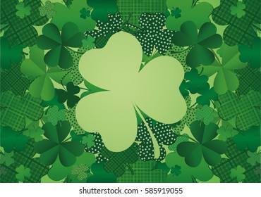 White space in the form of clover on the background of a large number of clovers. St.Patrick 's Day. Vector illustration. Greeting card with empty space for text or advertising.