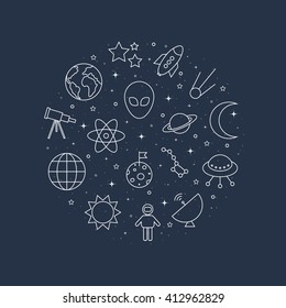 White space icons in arranged in a circle isolated on the blue background. 
