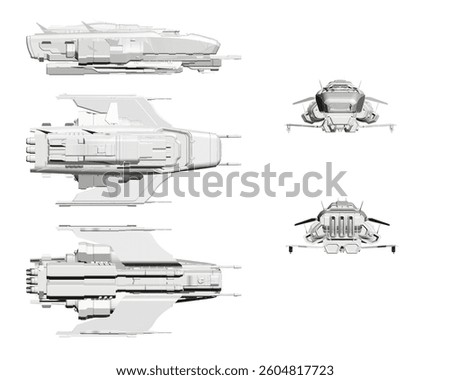 A white space ship with a blue stripe on the side. The ship is shown from the side, top, and bottom