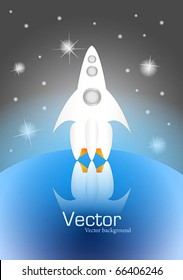 white spaceship with round silvery illumination on a take-off platform on a blue planet with atmosphere against space and sparkling stars with a place for the text