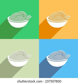White spaghetti icon on colorful backgrounds long shadow