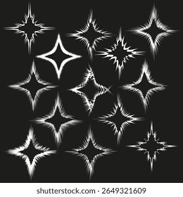 White spark icons. Shining star cluster. Glowing flare Vector. Black backdrop pattern.